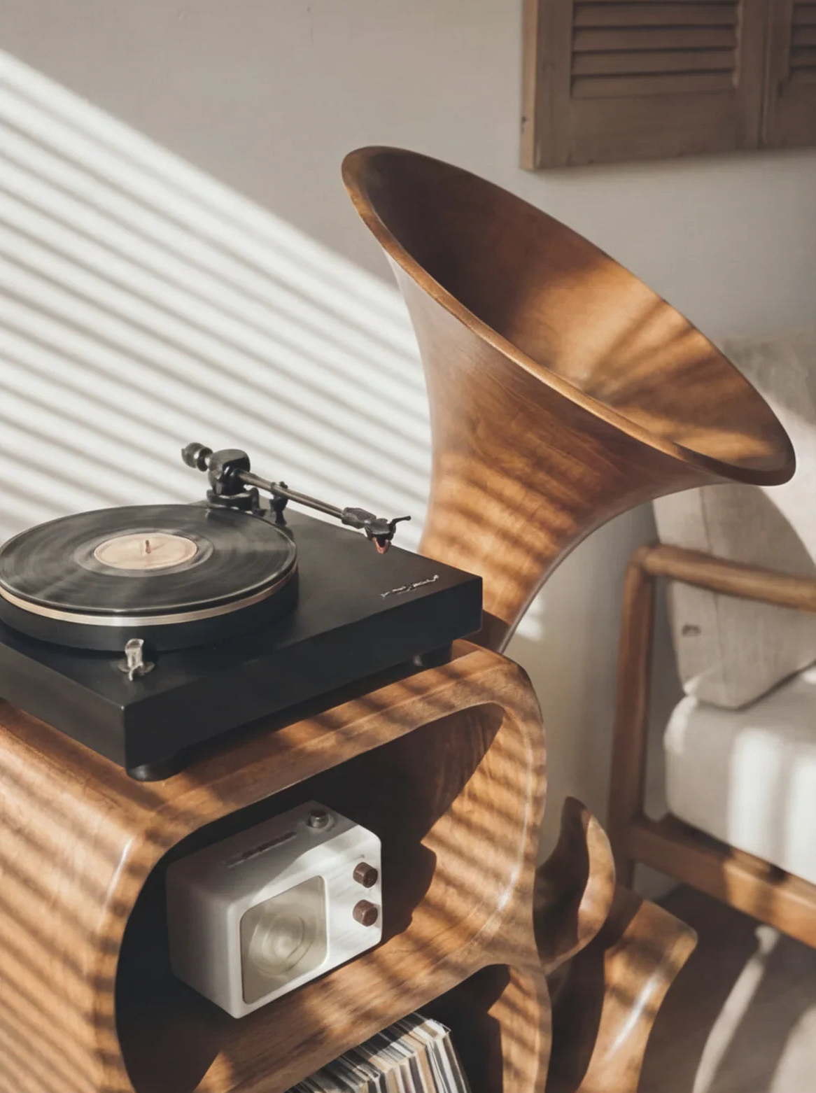 Organic Sculptural Solid Wood Vinyl Record Storage Cabinet With Integrated Turntable Stand