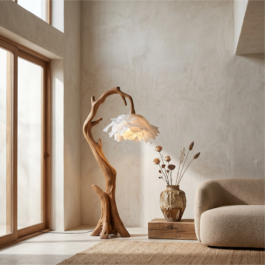 Wood Base Floor Lamp with Flower-Shaped Shades, 51 or 61 in Tall