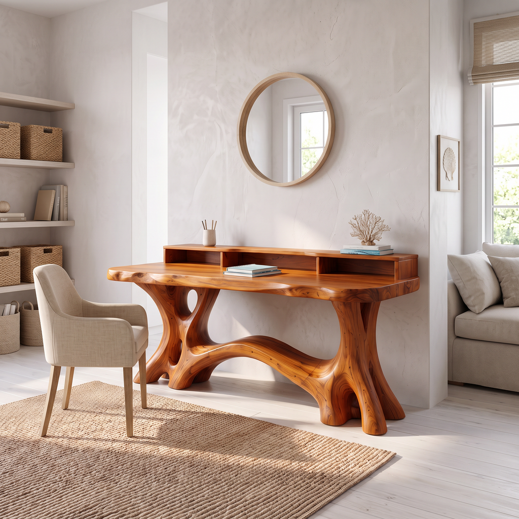 Natural Bookcase Desk With Tree Inspired Upper Storage For Study Room