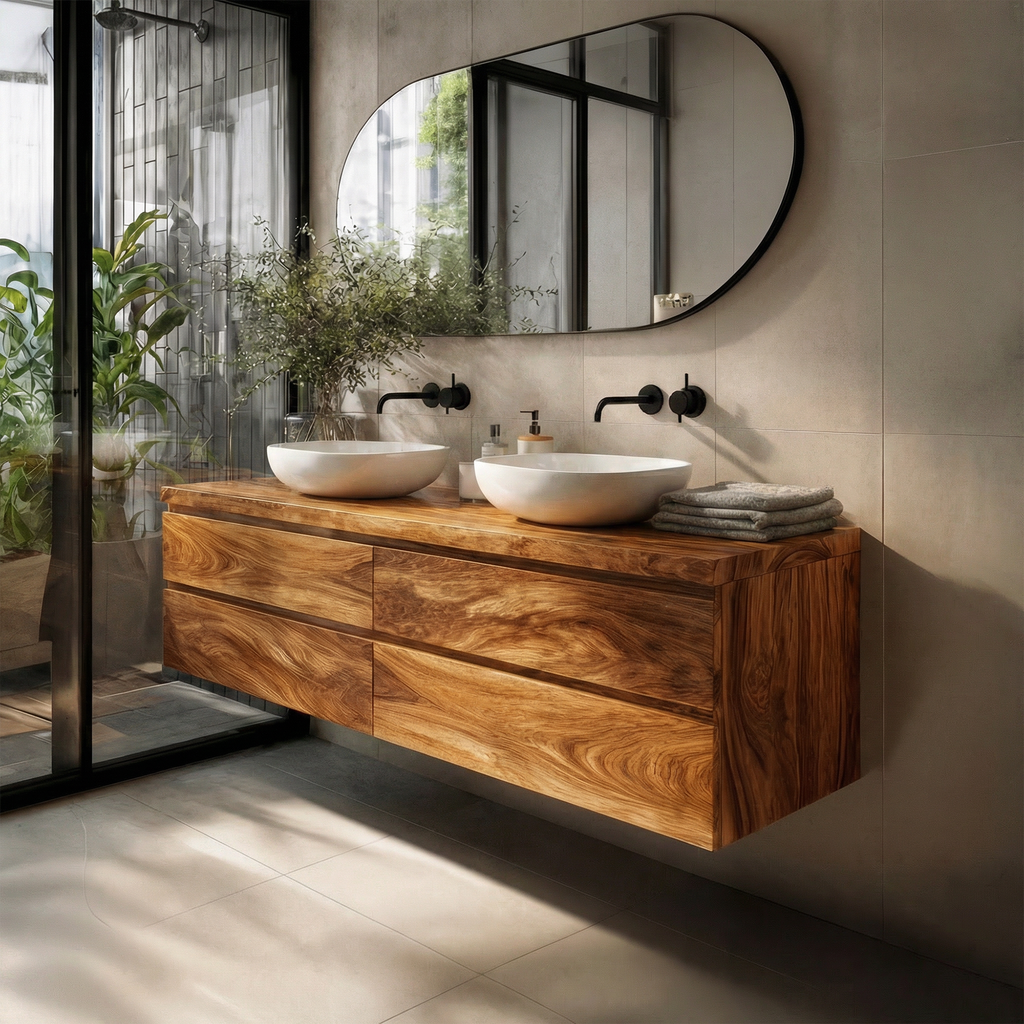 Wall Mounted Bathroom Vanity, Rustic Natural Wood Floating Sink Base