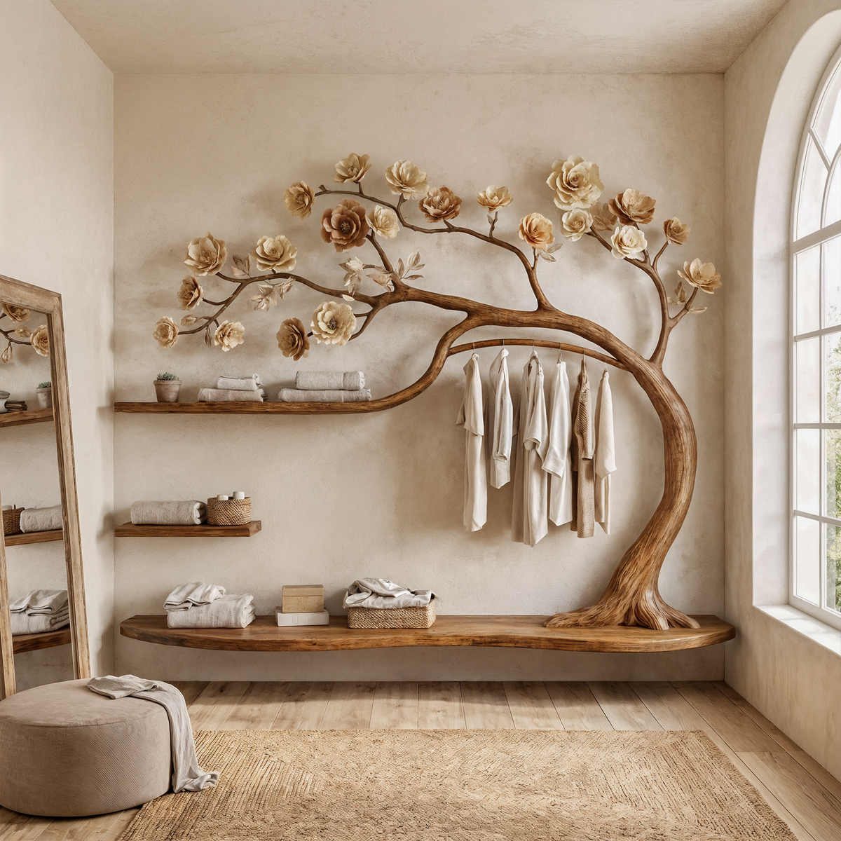 Tree Wardrobe, Open Solid Wood Clothes Rack with Shelves and Rail