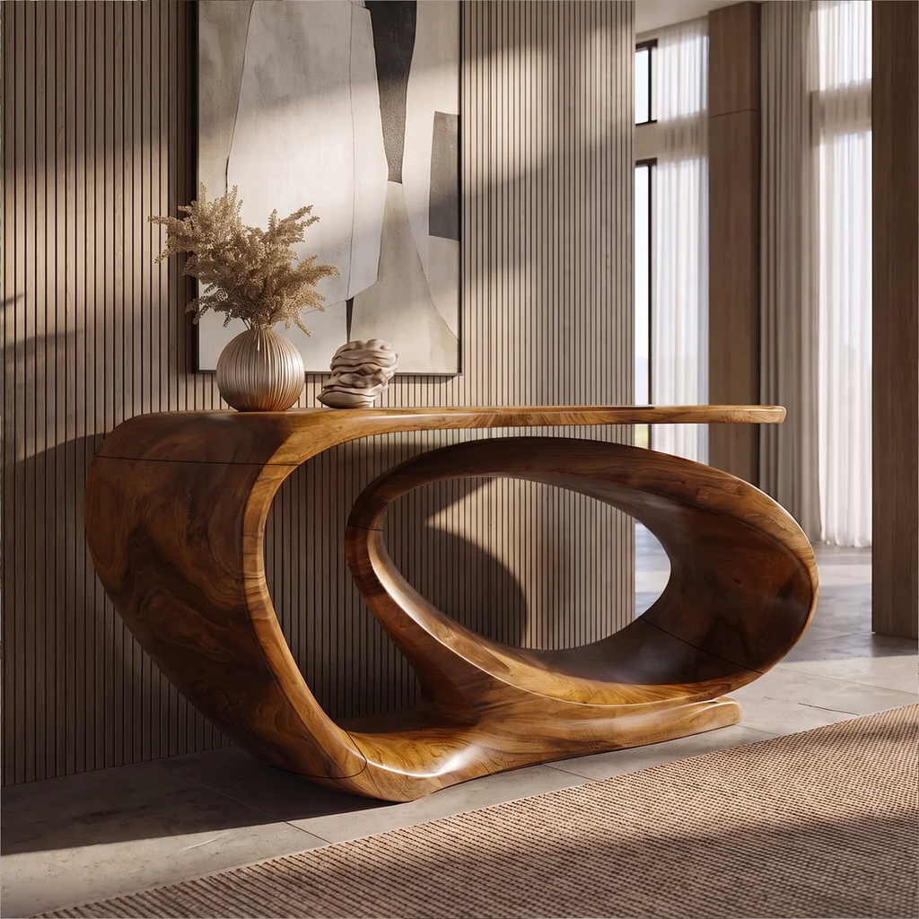 Open Ring Base Sculpted Wood Foyer Console, 50 To 70 Inch Wide