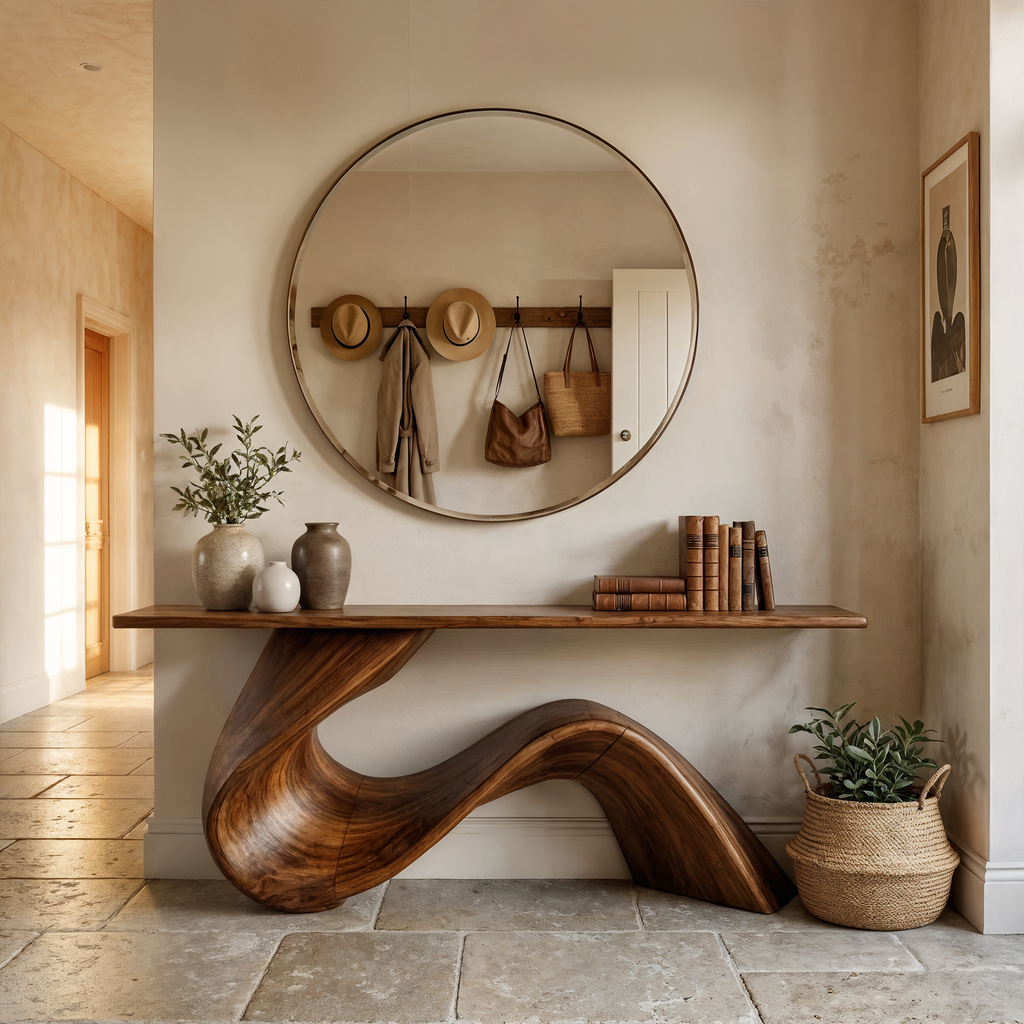 Flowing Rustic Wood Base Console For Hallways, 40 To 70 Inch Wide