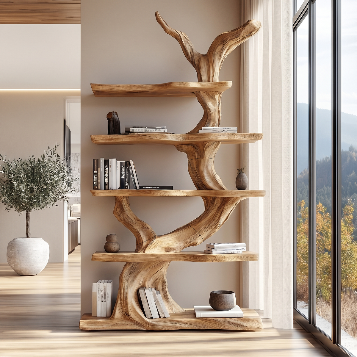 Tree Bookshelf, Sculptural Branch Multi-Tier Display Shelves