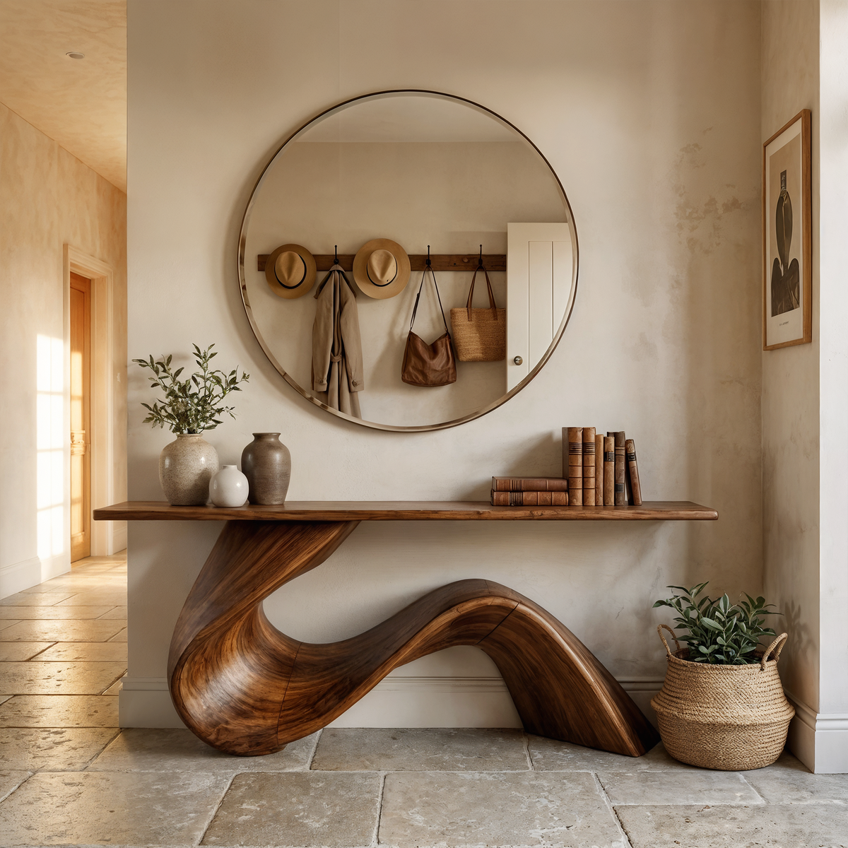 Console Table, Flowing Sculpted Solid Wood Entryway and Hallway Table