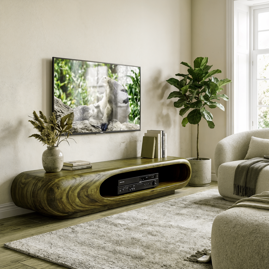 Low TV Stand, Rounded Solid Wood Entertainment Unit