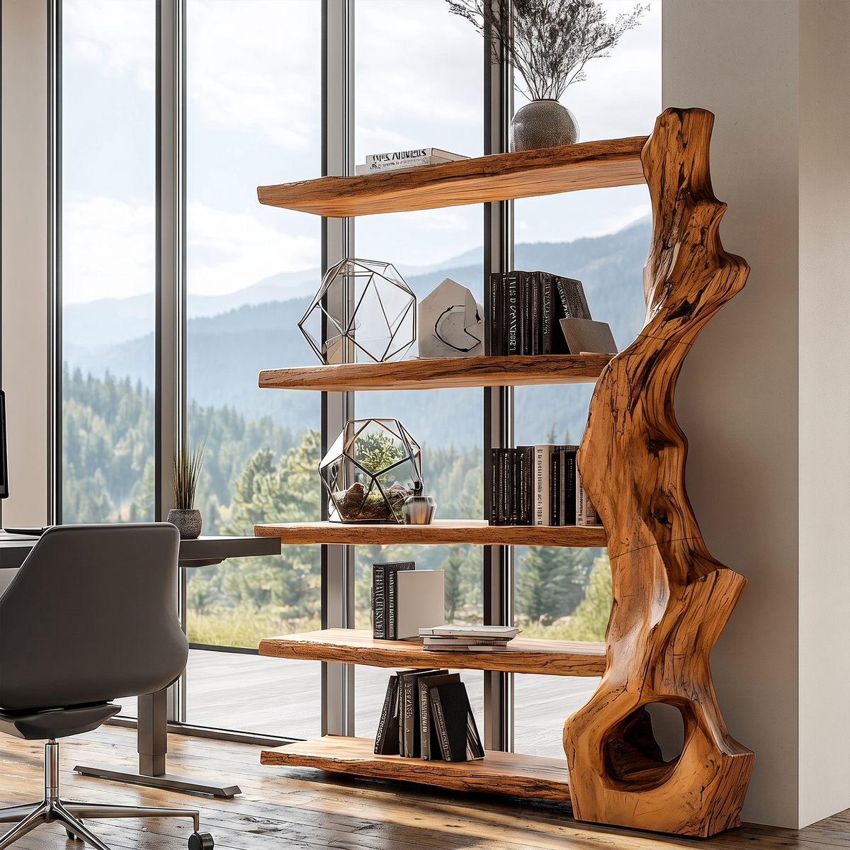 Tree Bookshelf with Branch Base, Rustic Solid Wood Open Bookcase