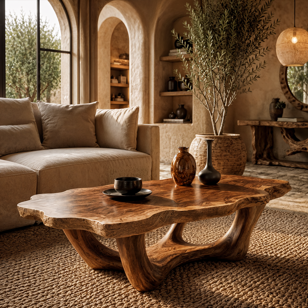 Live Edge Coffee Table, Handcrafted Sculptural Base Wood Table