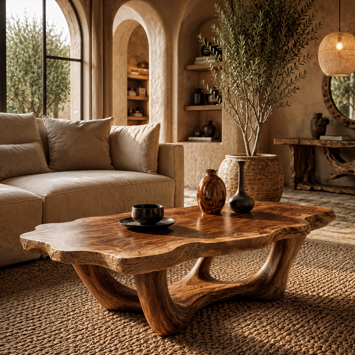 Live Edge Coffee Table, Handcrafted Sculptural Base Wood Table