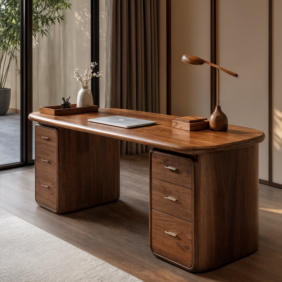 Home Office Wood Writing Desk With Built-In Drawers, 60 To 80 Inch