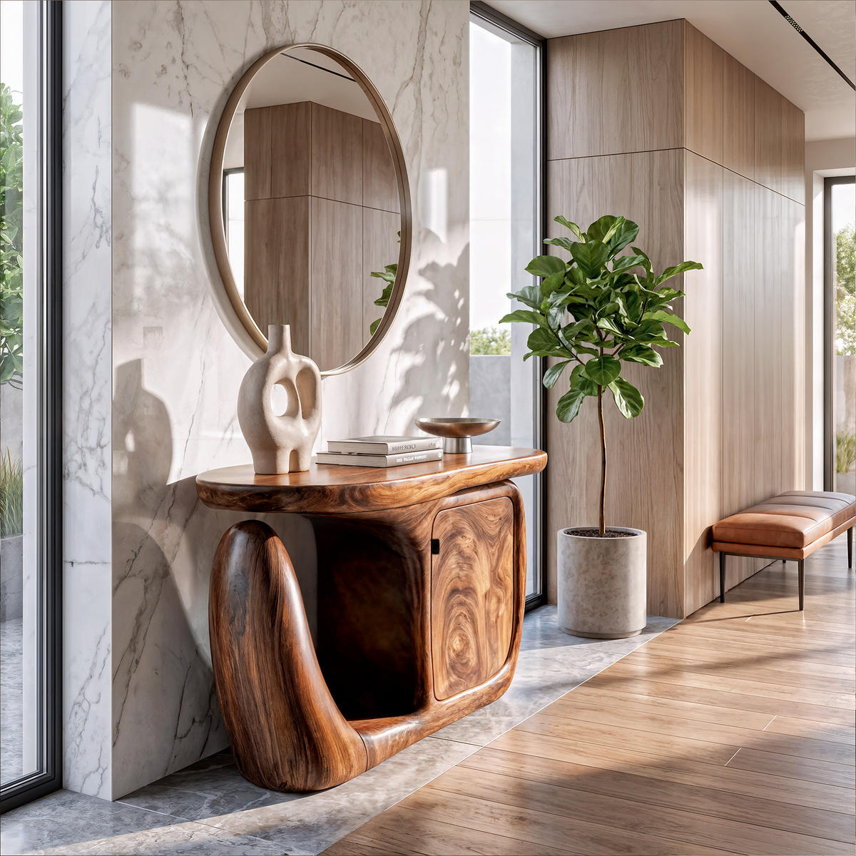 Carved Base Wooden Foyer Console With Built-In Storage, 40 To 46 In