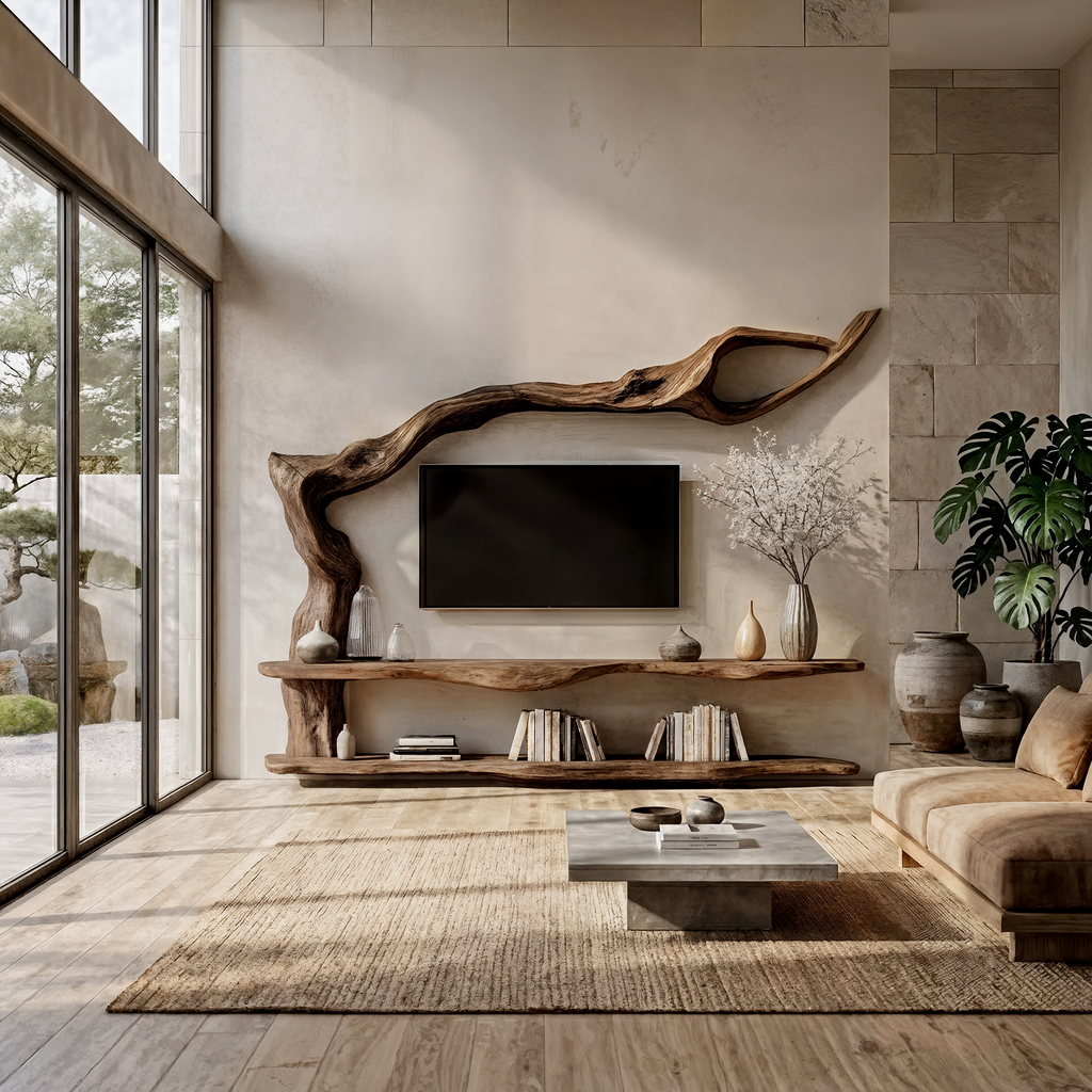 Tree Base Wooden TV Wall Unit For Living Room, 87 Or 99 Inch Wide