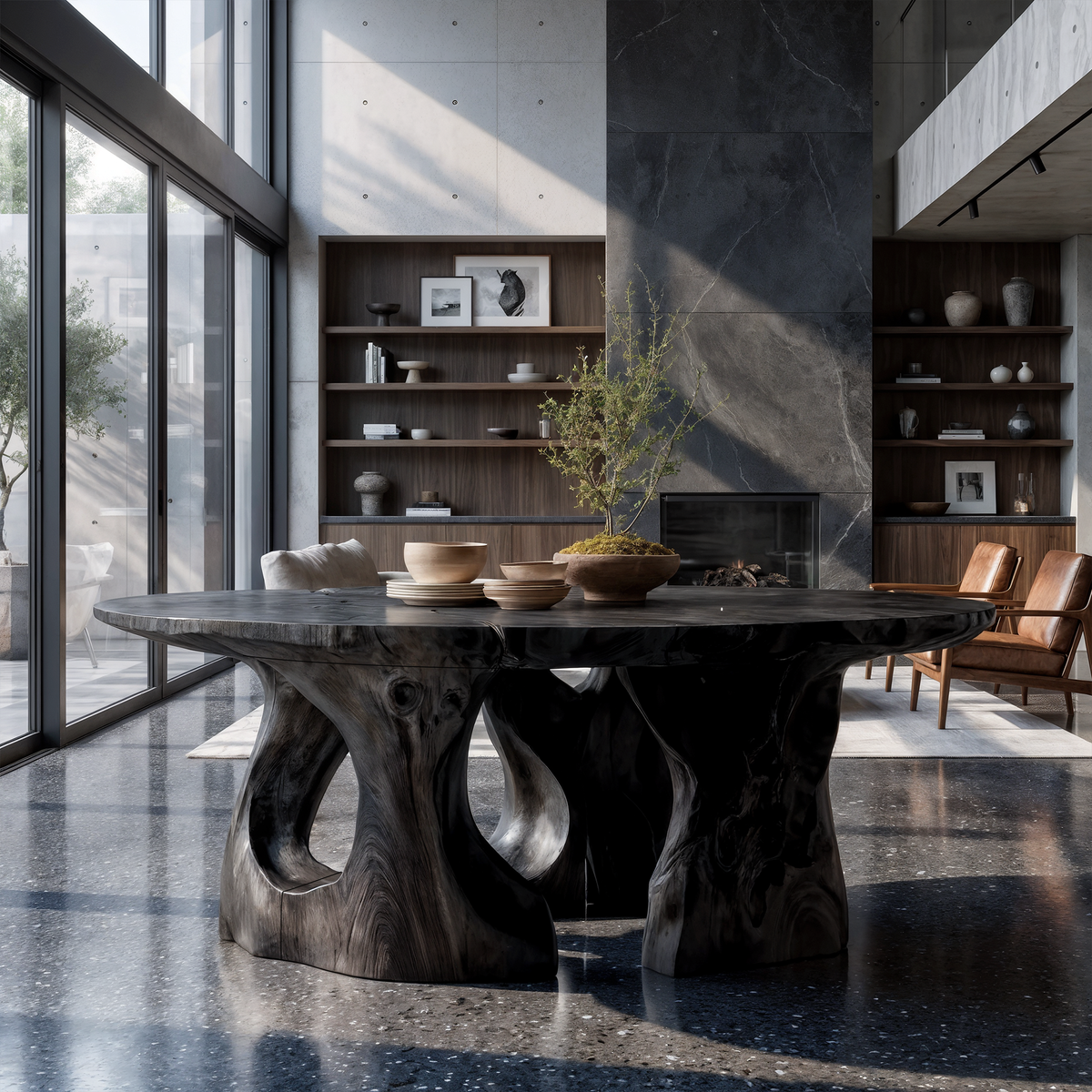 Round Wood Kitchen Table With Abstract Cutout Base, 35 To 60 Inch