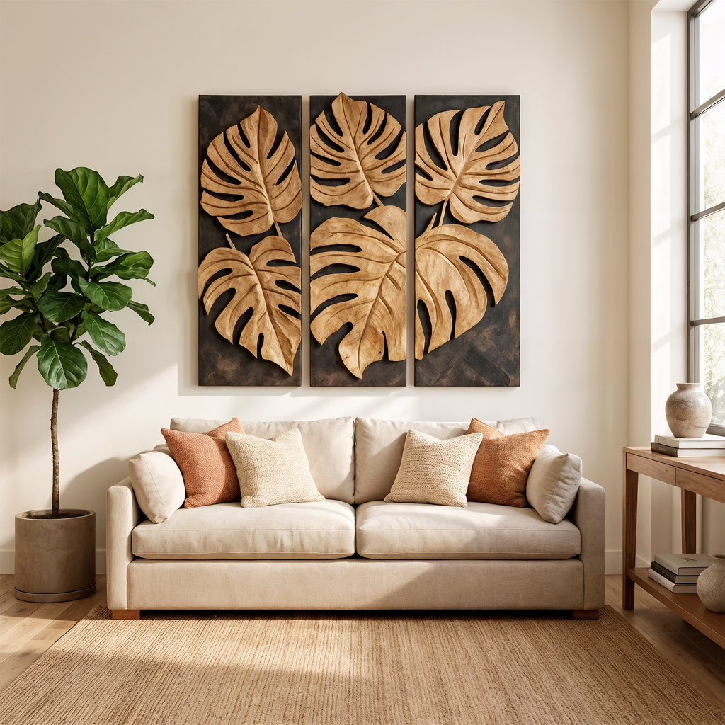 Monstera Leaf Hand-Carved Wood Wall Panels, Three Piece Set