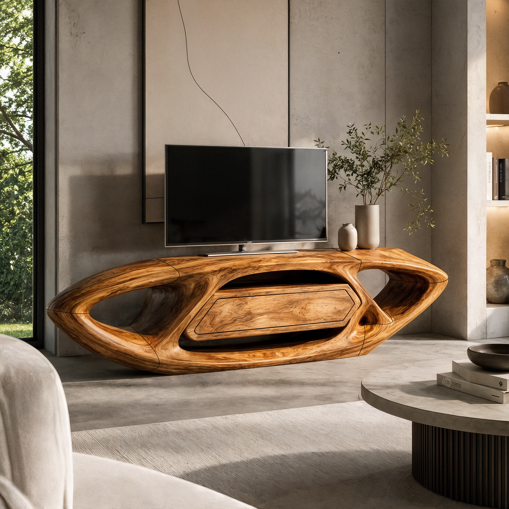 Oval Frame Wooden TV Stand With Open Media Shelves, 50 To 70 In