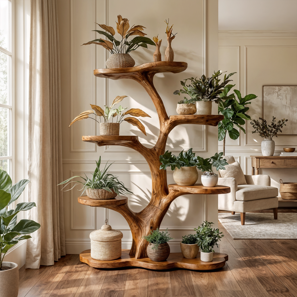 Tree Plant Shelf, Rustic Indoor Plant Stand from Old Tree Trunk