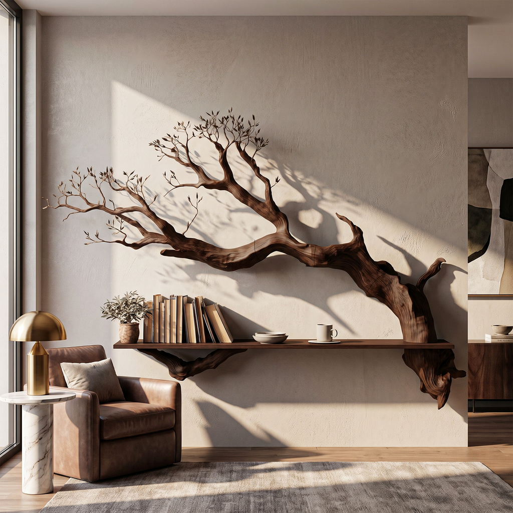 Branch Floating Shelf, Rustic Slab Wood with Sculpted Tree Accent