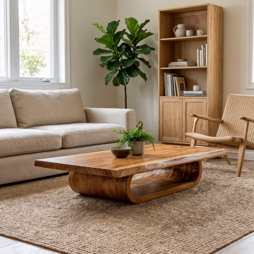 Wave Coffee Table, Mid Century Monkeypod Wood Curved Centerpiece