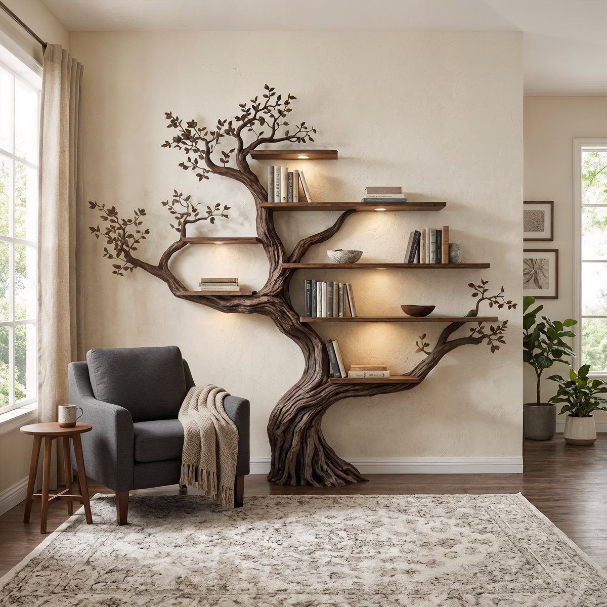 Floral-Style Branch Wall Bookcase, 70 x 70 Inch Living Room Feature