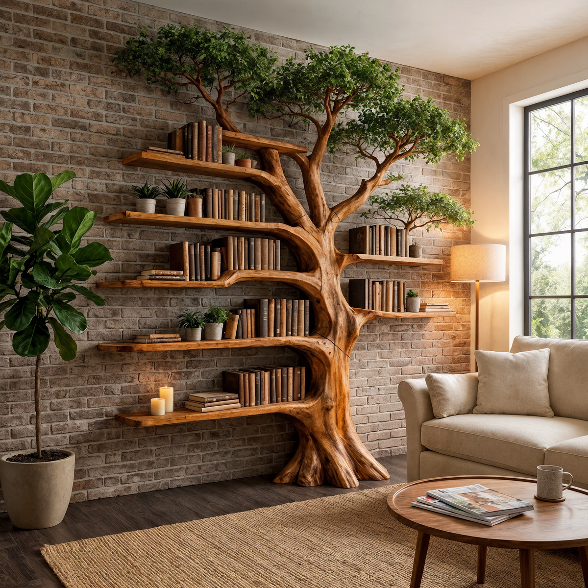 Tree Display Bookcase with Bench Seat for Reading Nooks, 70 x 80 in