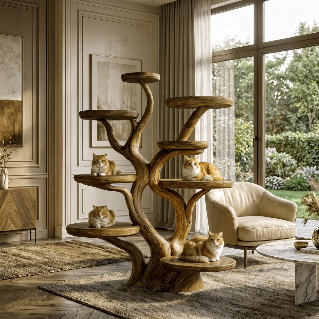 Curved Trunk Wood Cat Tree with Tiered Lounging Platforms, 59-80 in