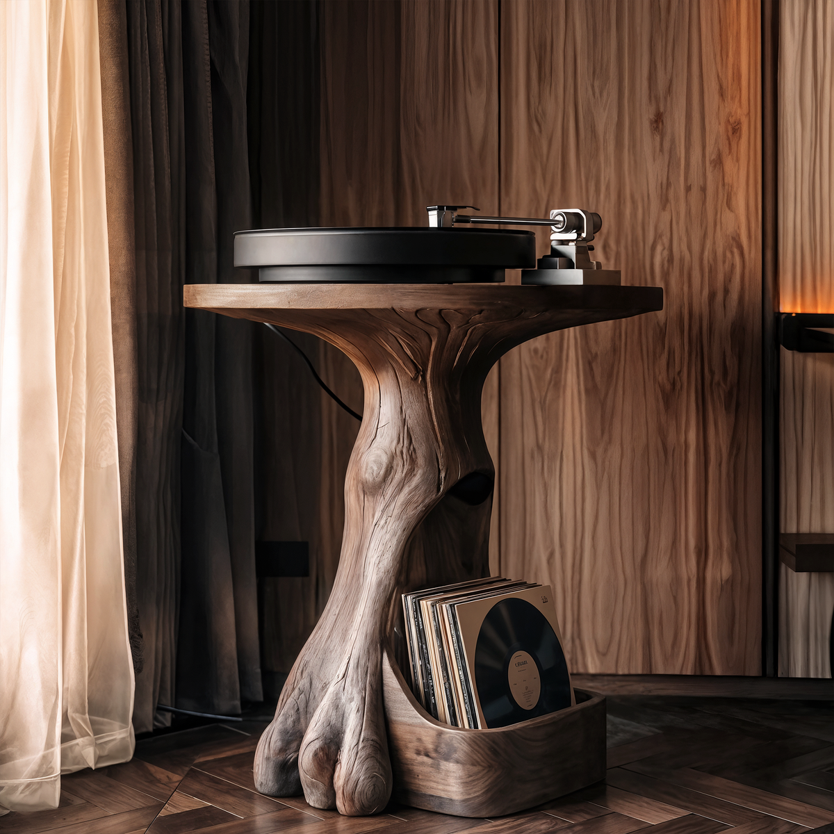 Record Player Stand, Sculptural Tree Solid Wood Vinyl Display