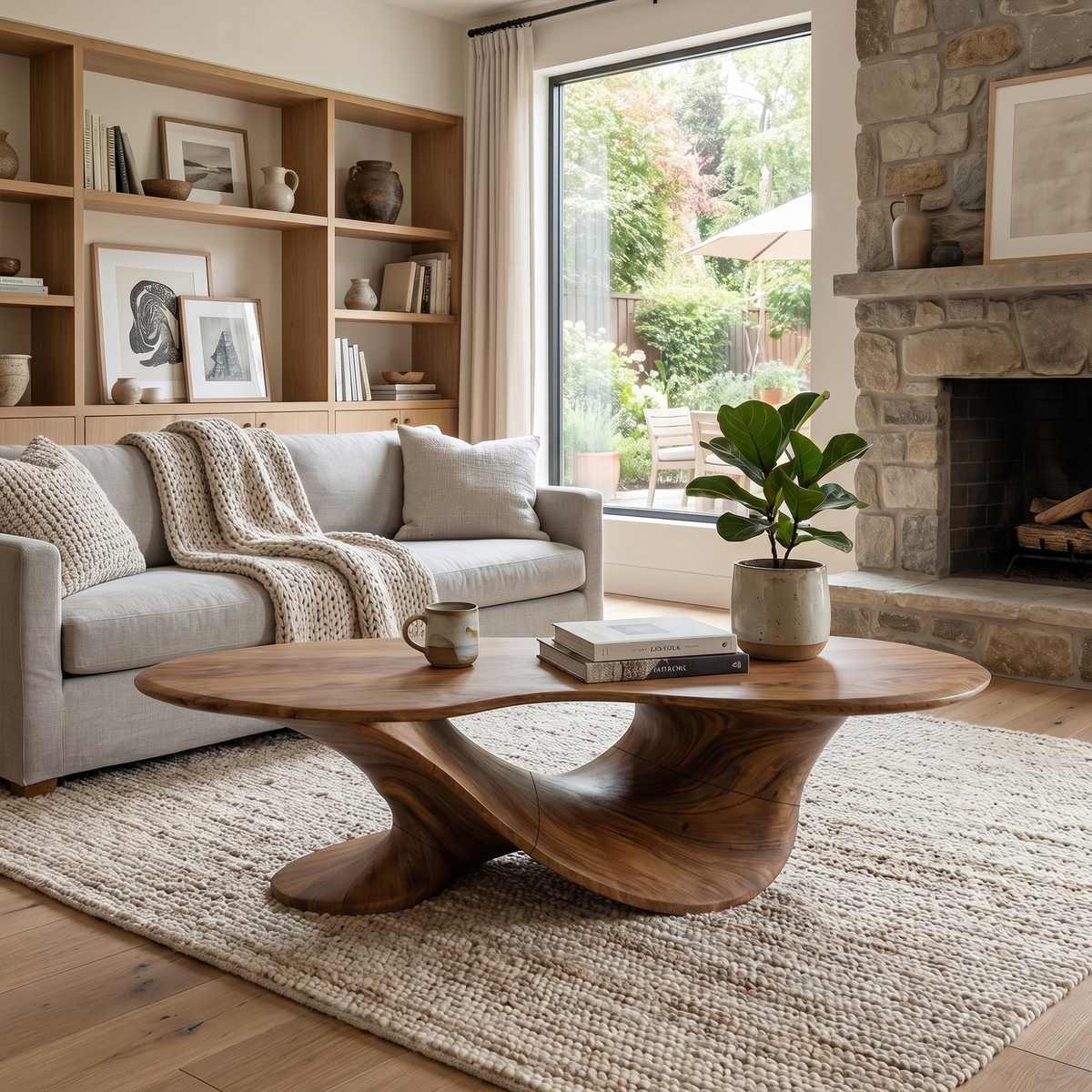 Oval Coffee Table, Mid Century Sculptural Solid Wood Accent Table
