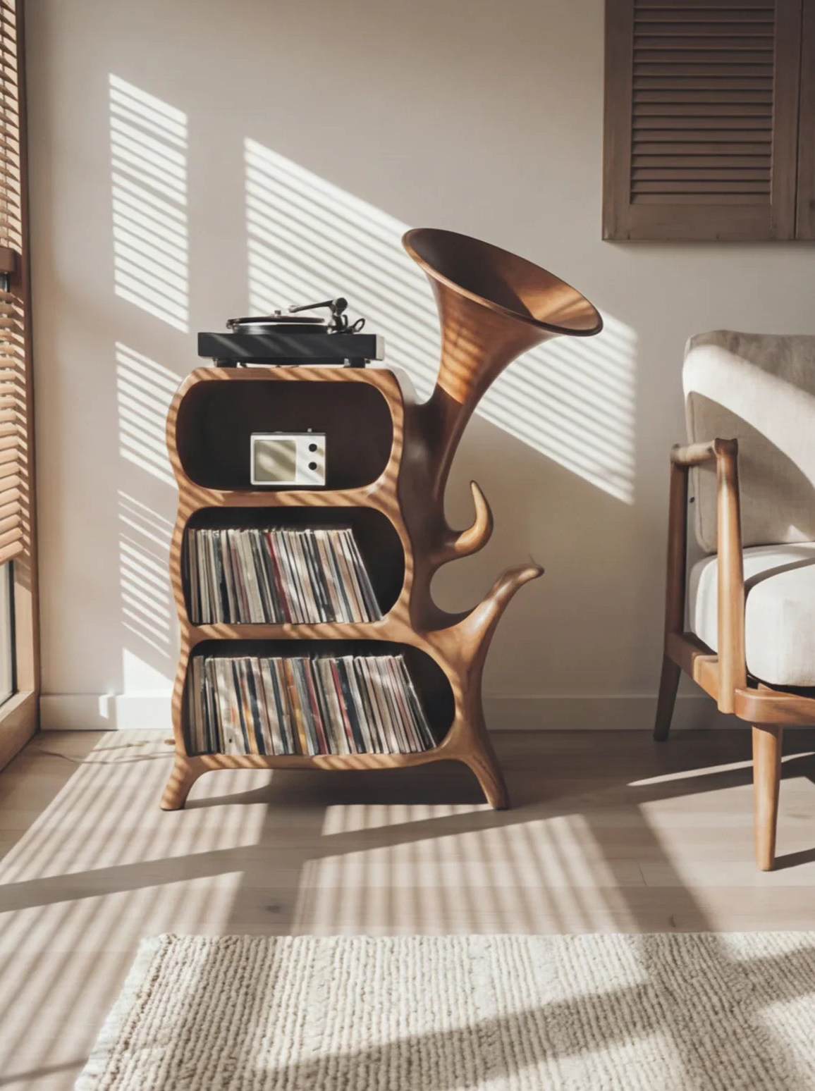 Organic Sculptural Solid Wood Vinyl Record Storage Cabinet With Integrated Turntable Stand