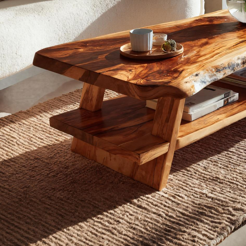 Handcrafted Coffee Table Live Edge And Lower Shelf For Living