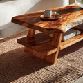 Handcrafted Coffee Table Live Edge And Lower Shelf For Living