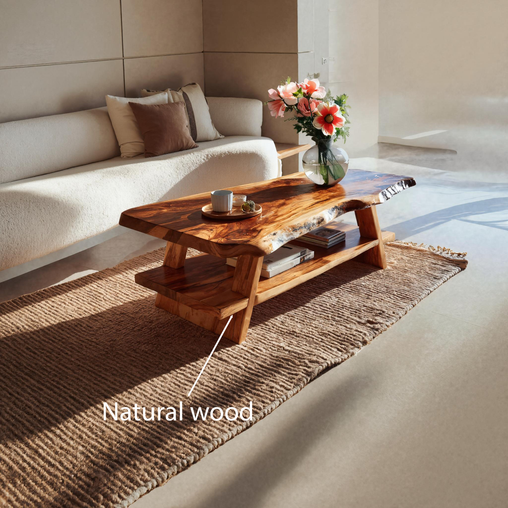 Handcrafted Coffee Table Live Edge And Lower Shelf For Living