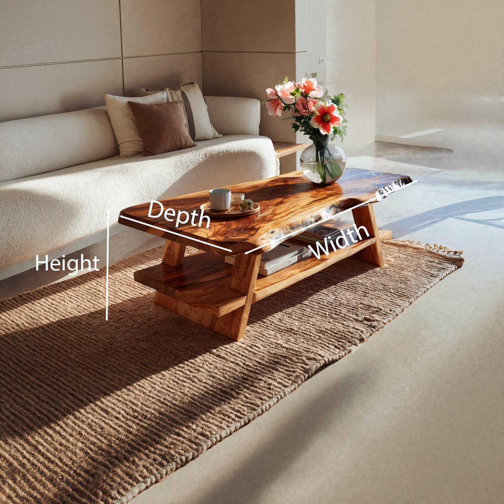 Handcrafted Coffee Table Live Edge And Lower Shelf For Living