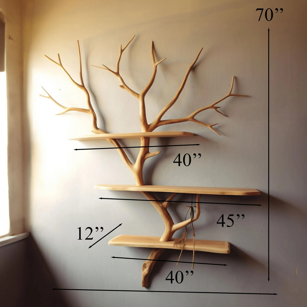 Natural Tree Branch Floating Bookshelf, Wall Mount, 70 Inch