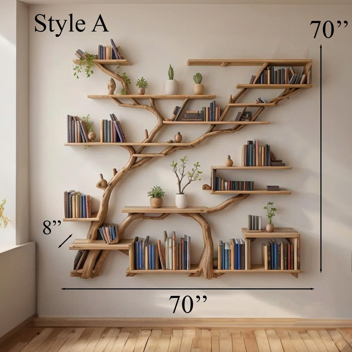 Tree Shaped Wall Shelving with Branch Ledges, 70 x 70 Inch, Style A or B