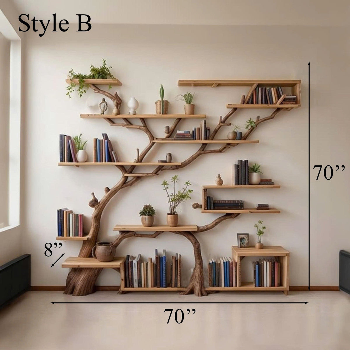 Tree Shaped Wall Shelving with Branch Ledges, 70 x 70 Inch, Style A or B