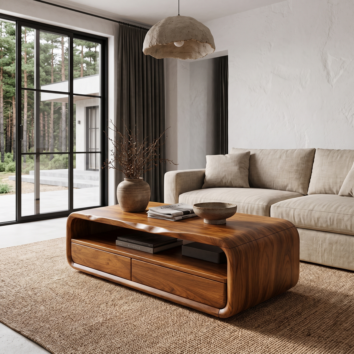 Mid Century Coffee Table With Rounded Frame Storage For Living Room