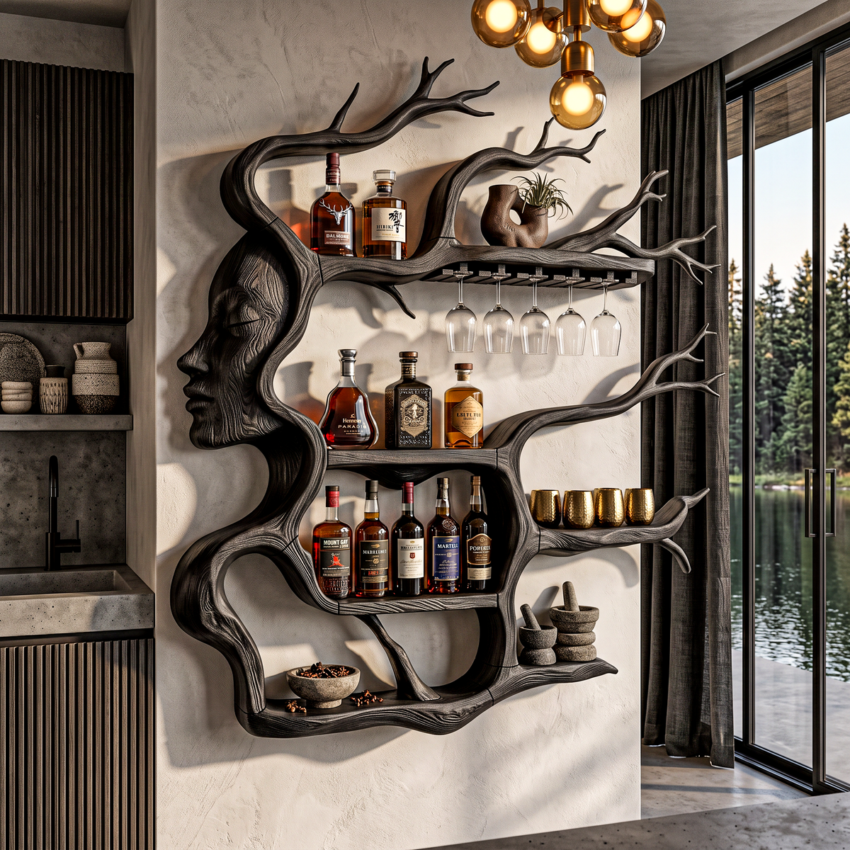 Contemporary Wall Mounted Wine Rack With Sculptural Face Tree Design For Dining Room
