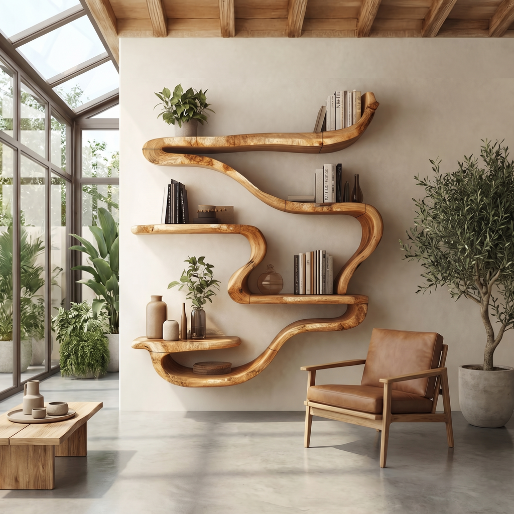 Wall Mounted Bookshelf, Organic Curved Wood Shelf for Reading Room