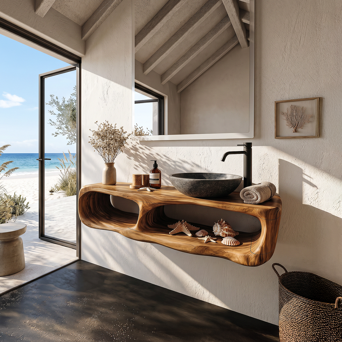Floating Organic Wood Sink Console For Wall Mount Bathrooms, 43-51 In