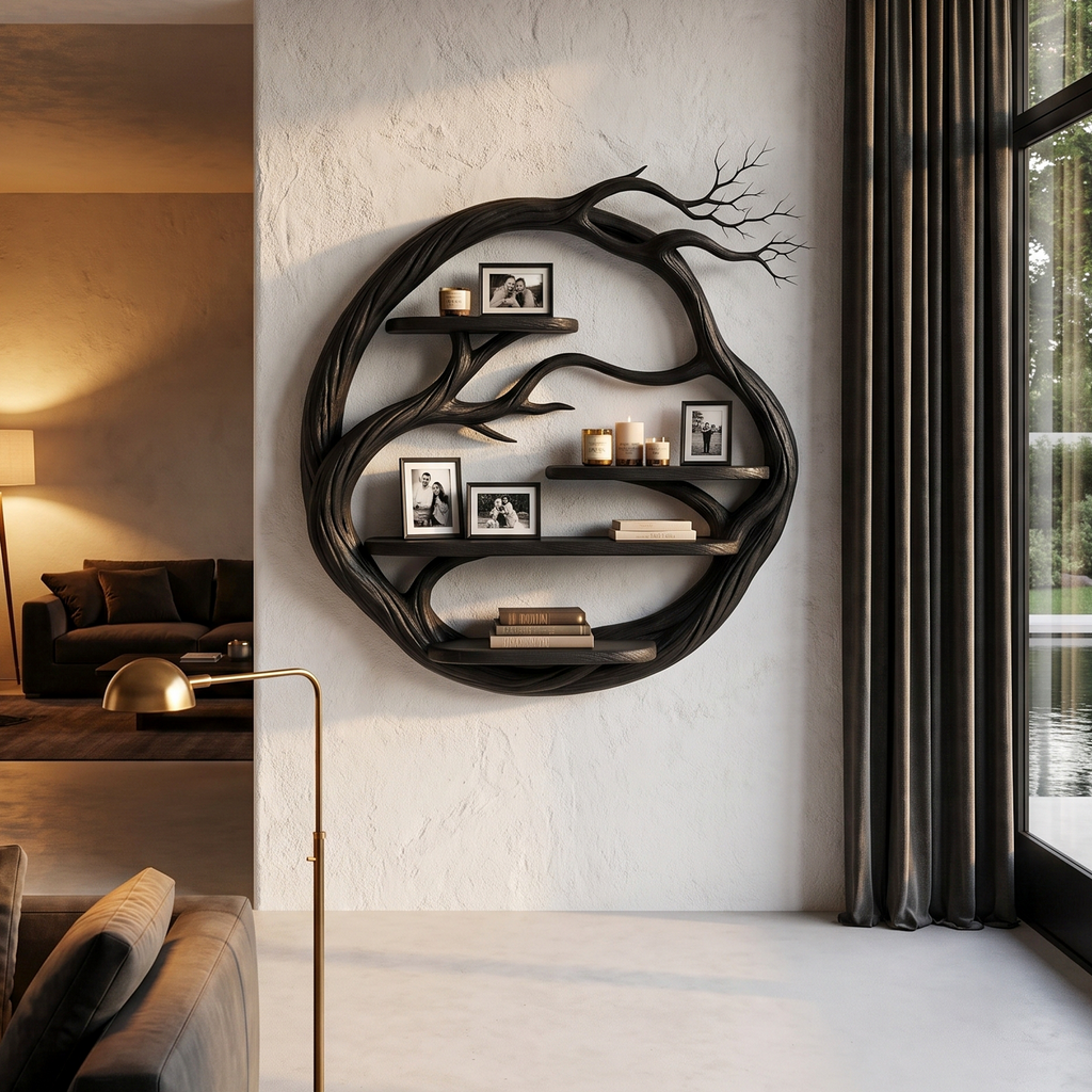 Organic Floating Shelf With Circular Tree Branch Design For Living Room And Home Office