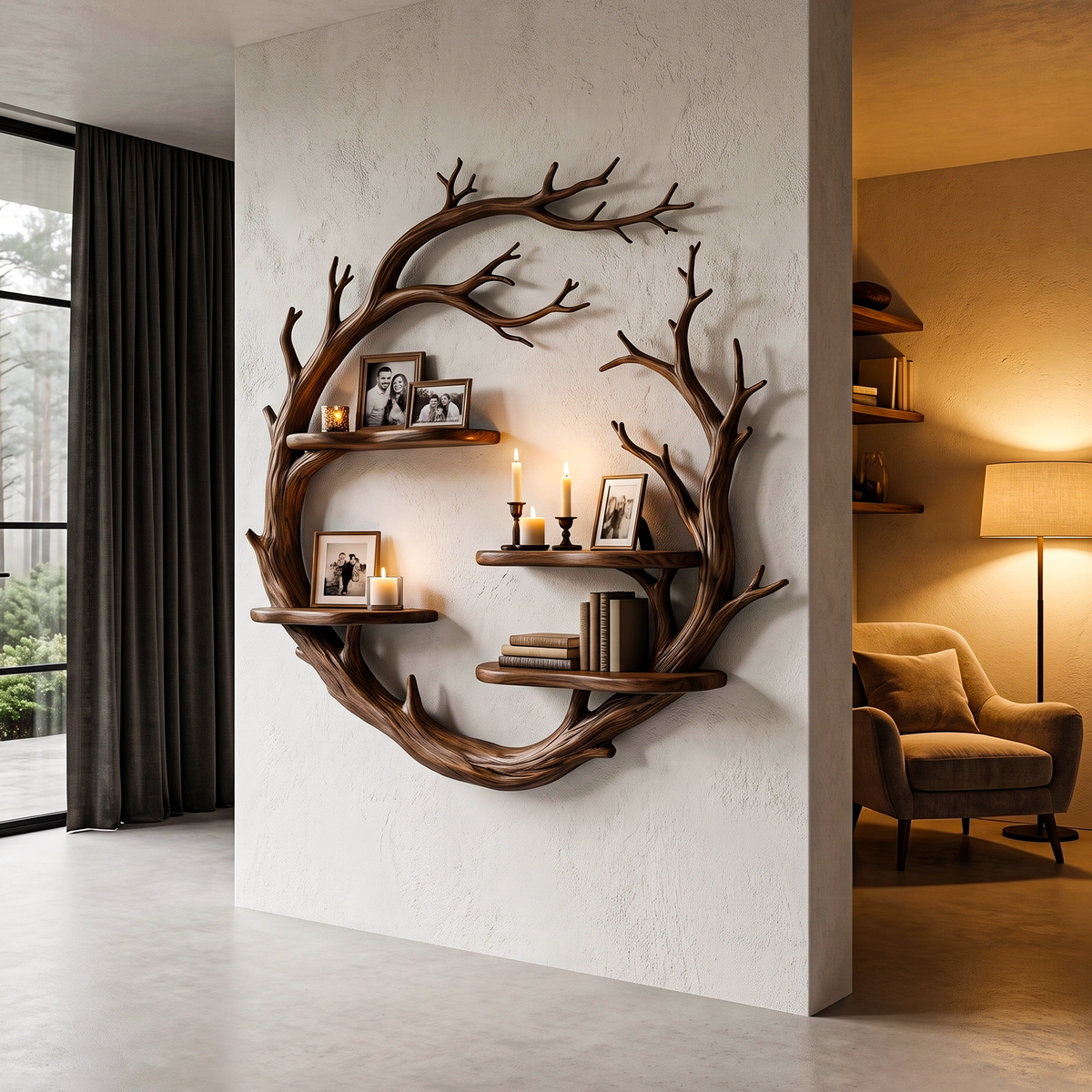 Branch Motif Wall Mounted Wooden Display Shelf, 40 To 50 Inch