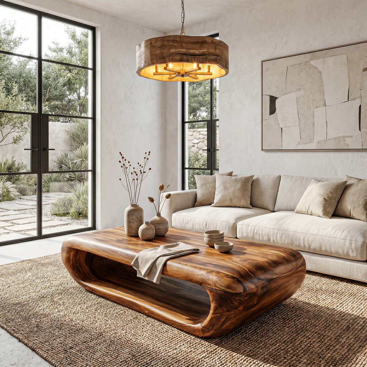Organic Coffee Table with Open Storage, Solid Wood Living Room Table