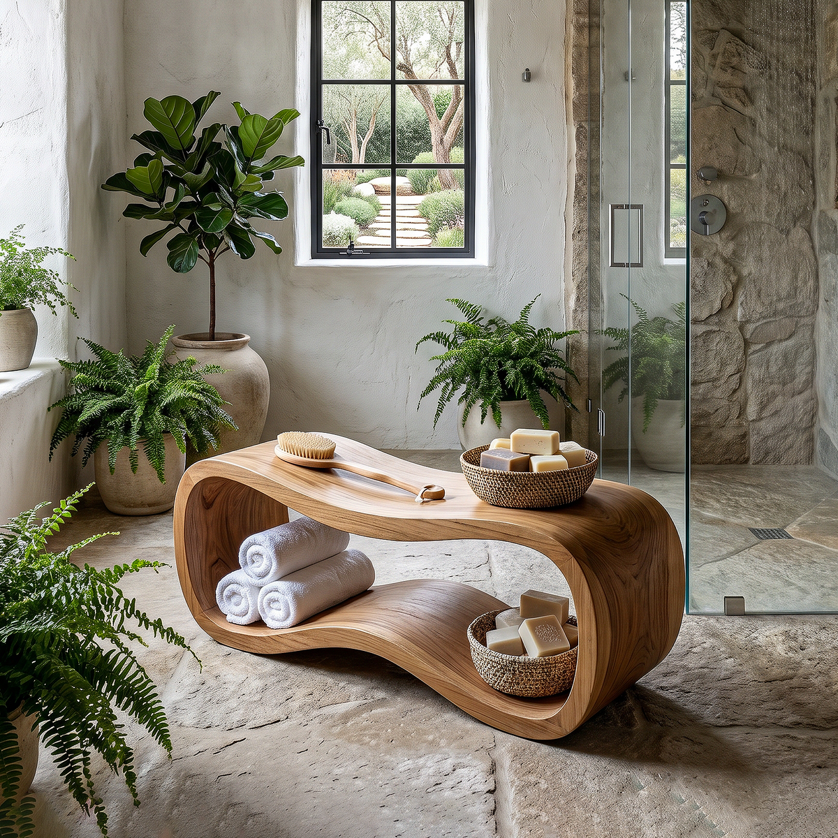 Wooden Shower Bench, Curved Sculptural Spa Seat with Storage Shelf