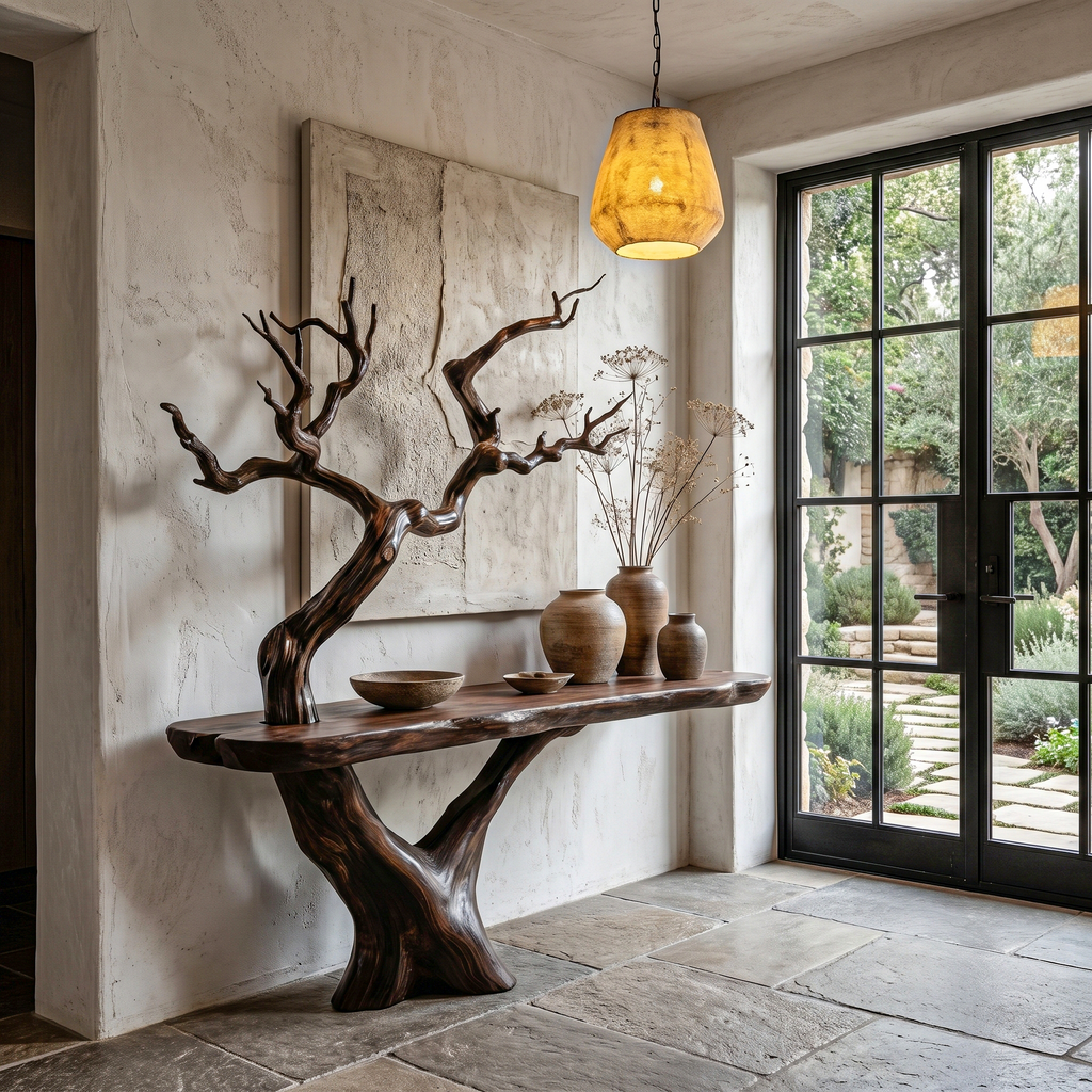 Rustic Live Edge Console Table With Sculptural Tree Branch Base