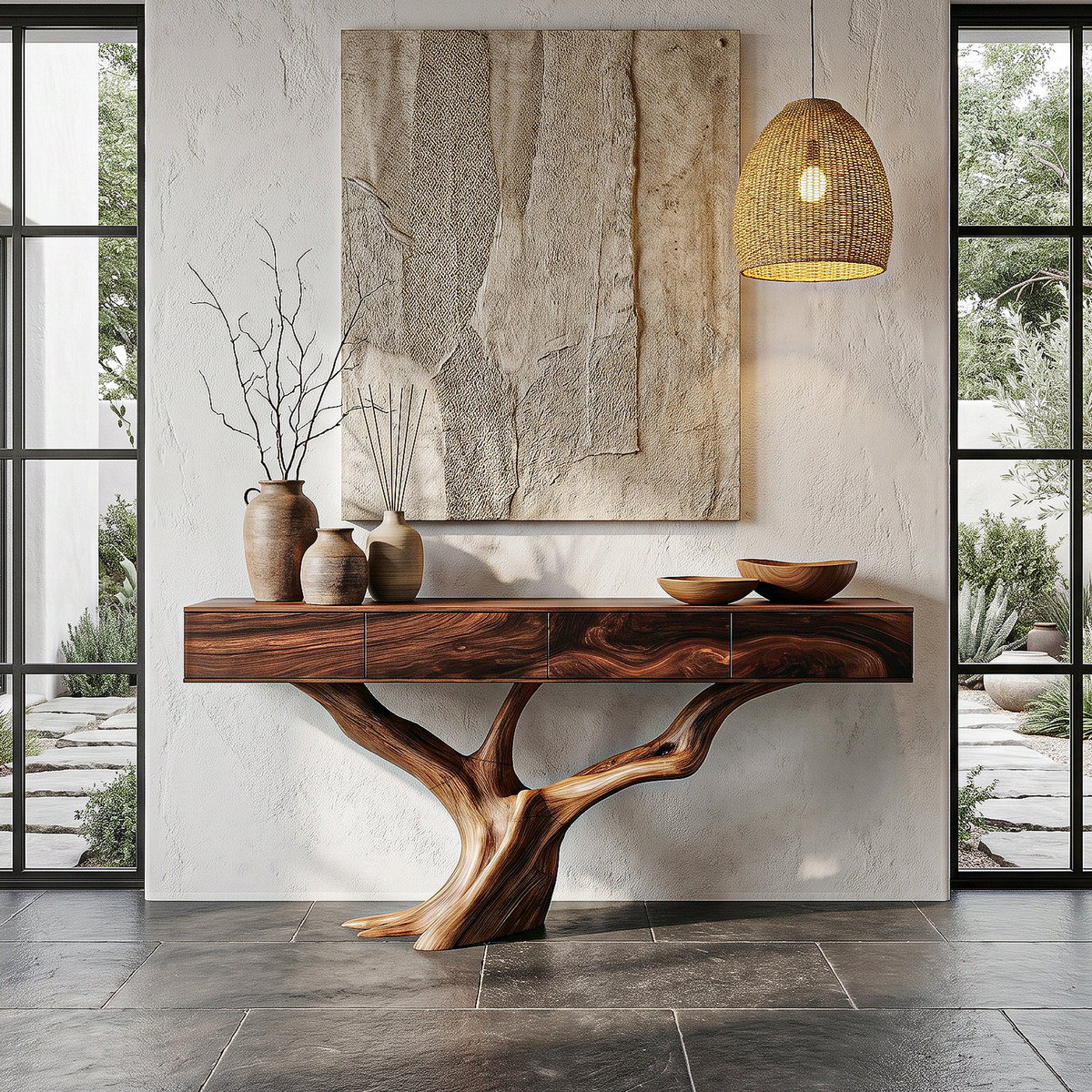 Rustic Live Edge Console Table With Sculptural Tree Branch Base