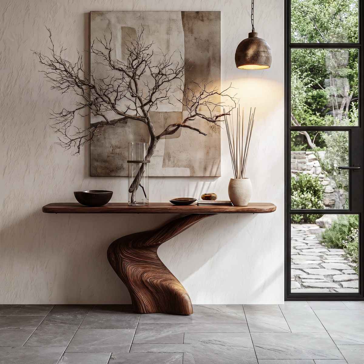 Organic Console Table With Sculptural Twisted Solid Wood Base For Entryway