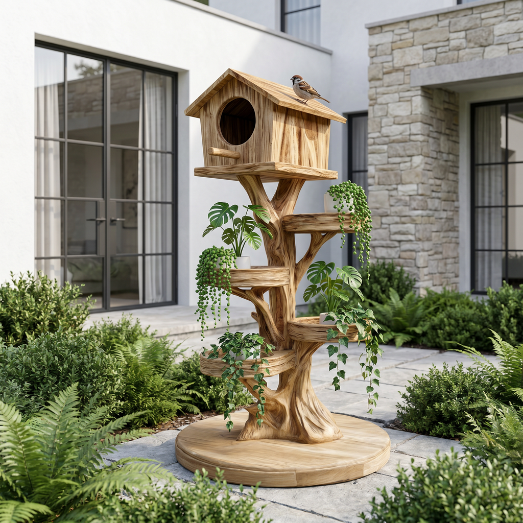 Rustic Tree Birdhouse With Built In Plant Stand For Garden