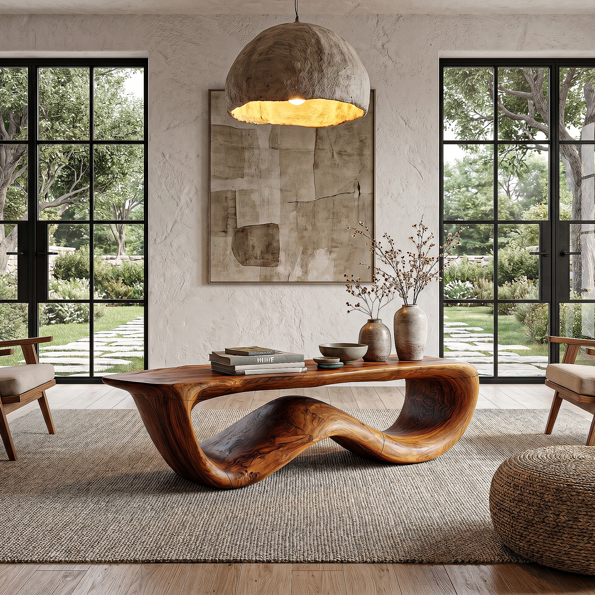 Contemporary Coffee Table With Flowing Solid Wood Silhouette