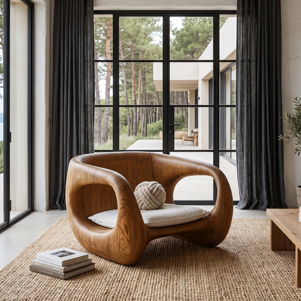 Curved Armrest Sculpted Wood Lounge Chair For Living Room