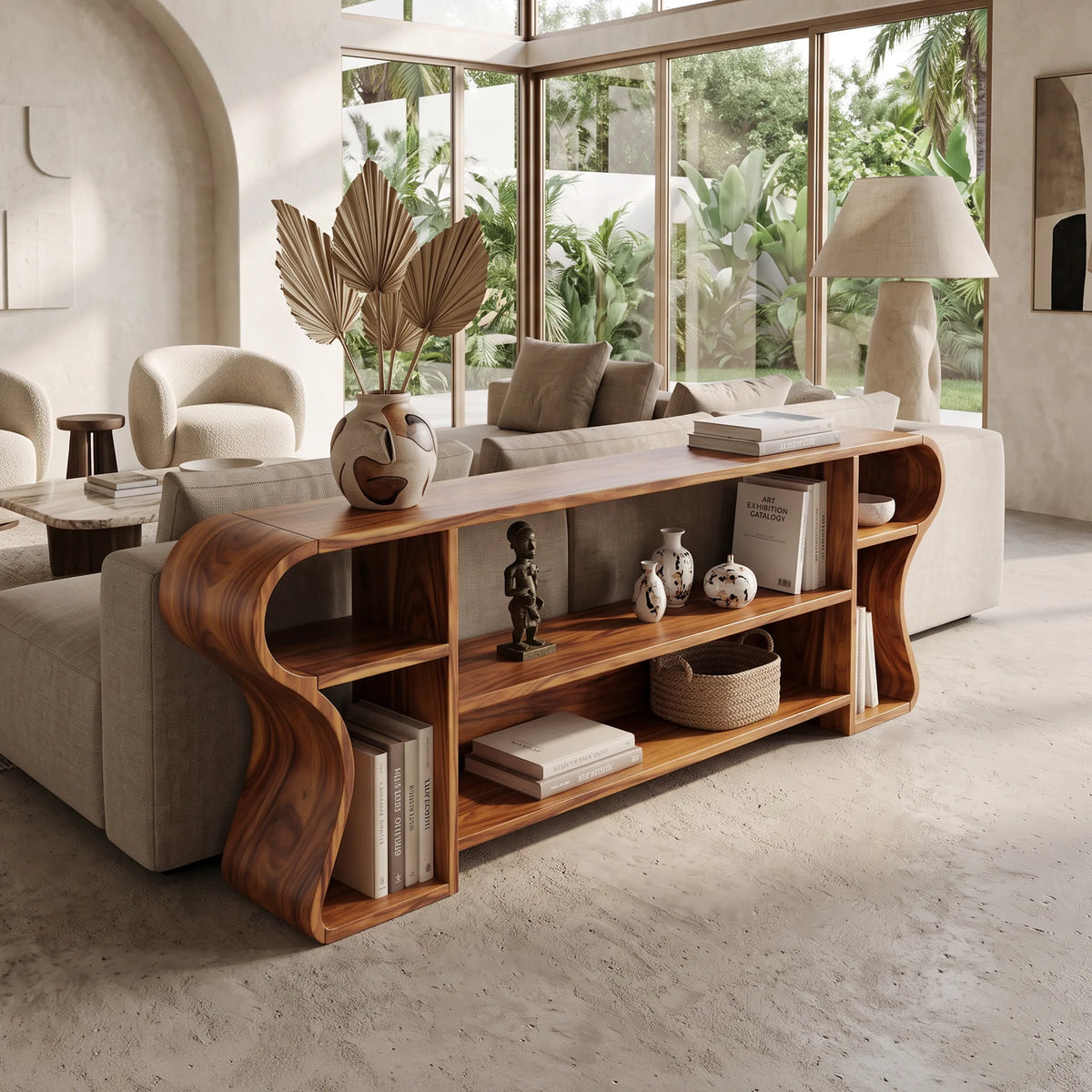 Display Console Table With Generous Top And Spaced Shelving